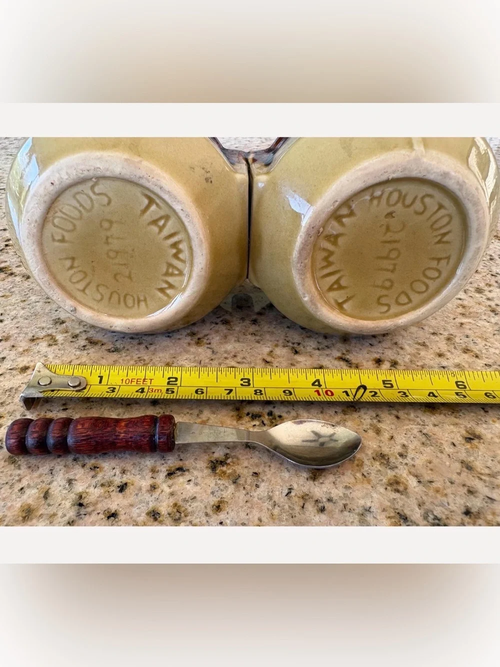 Double Ceramic Condiment Server Set in Brown and Cream with Wooden Spoon